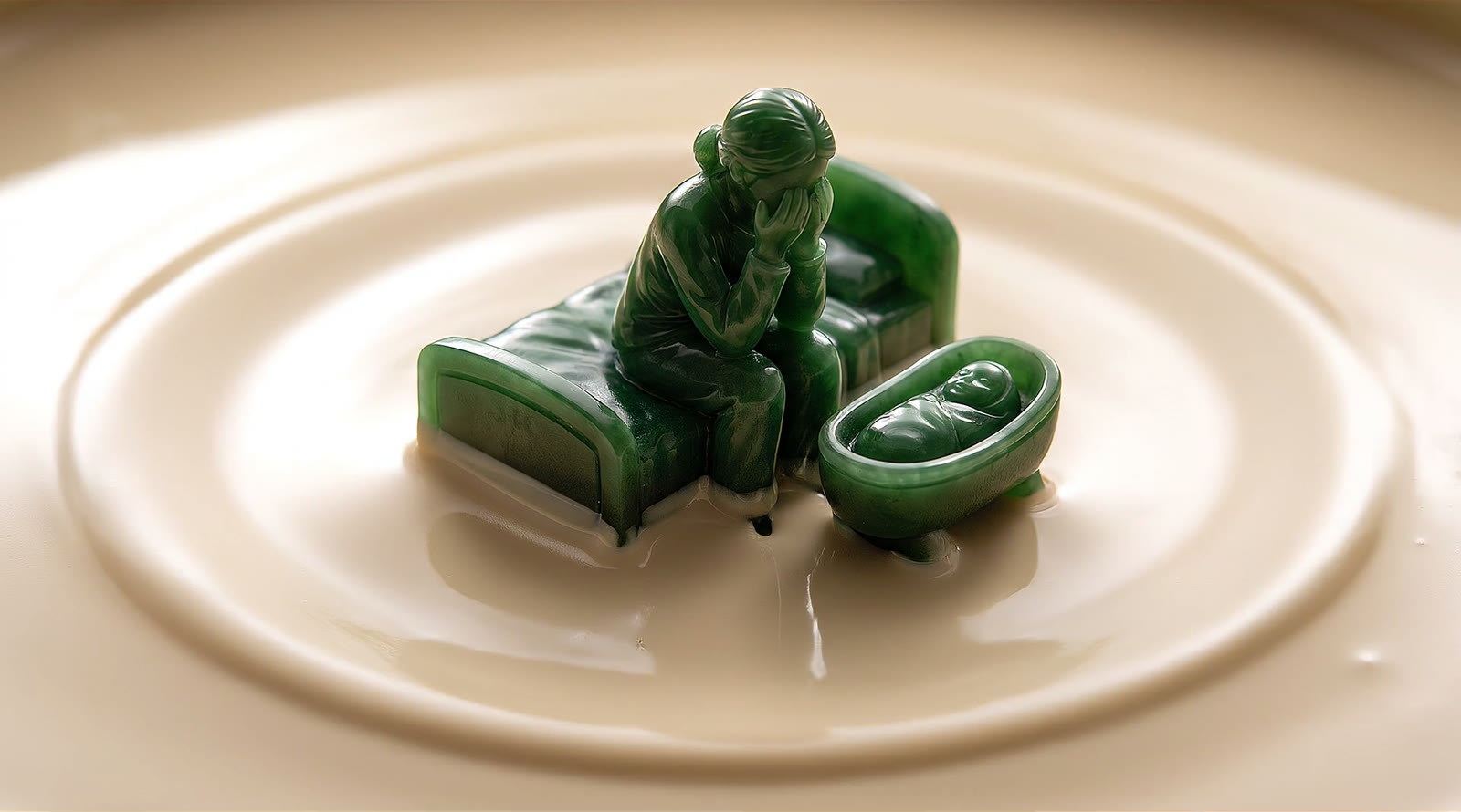 A small carved emerald statuette of a mother sitting on the edge of a bed with her face in her hands, a swaddled infant asleep in a bassinet beside her, standing in a pool of thick ivory liquid.